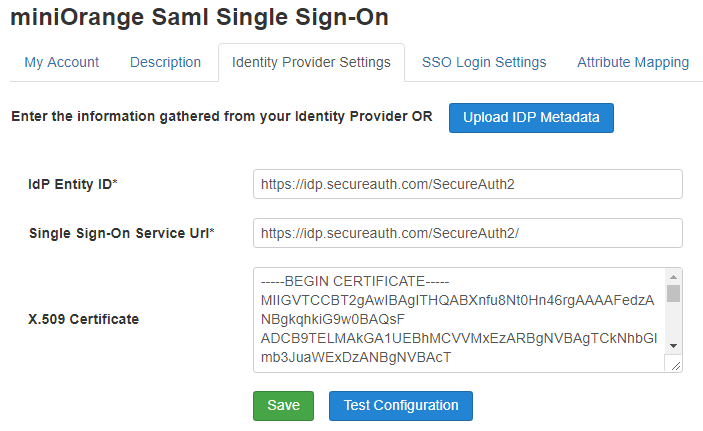 Screenshot of the Identity Provider Settings tab on the miniOrange Saml SSO page