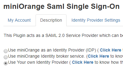 Screenshot of miniOrange Saml SSO page showing the Description tab