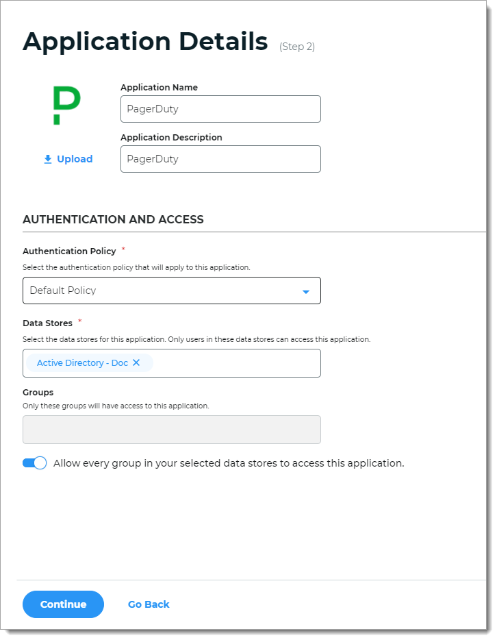 Authentication policy and data store configuration settings for PagerDuty application integration in the SecureAuth Identity Platform