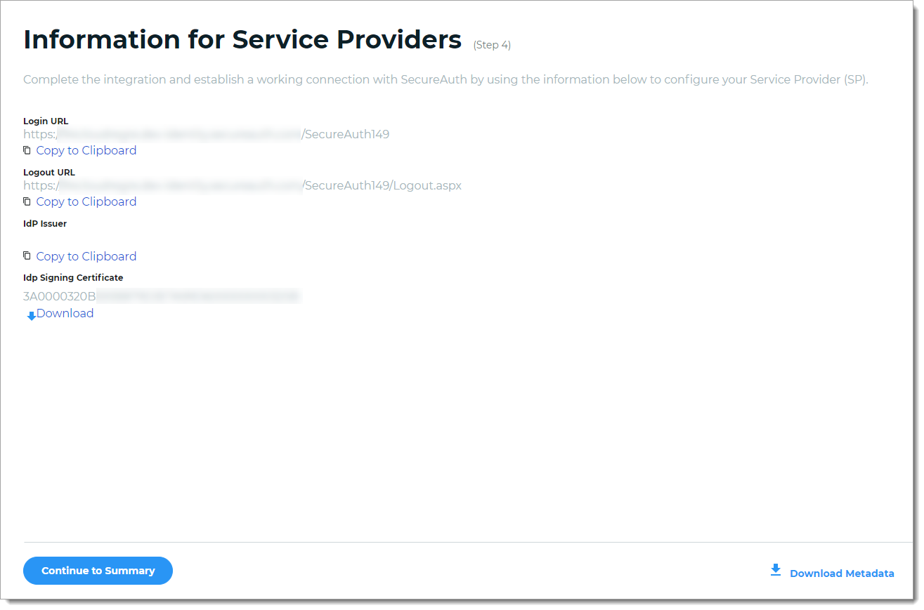 SAML configuration information for service providers