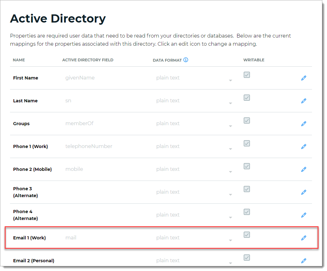 Example of Active Directory user profile field mappings in the SecureAuth Identity Platform