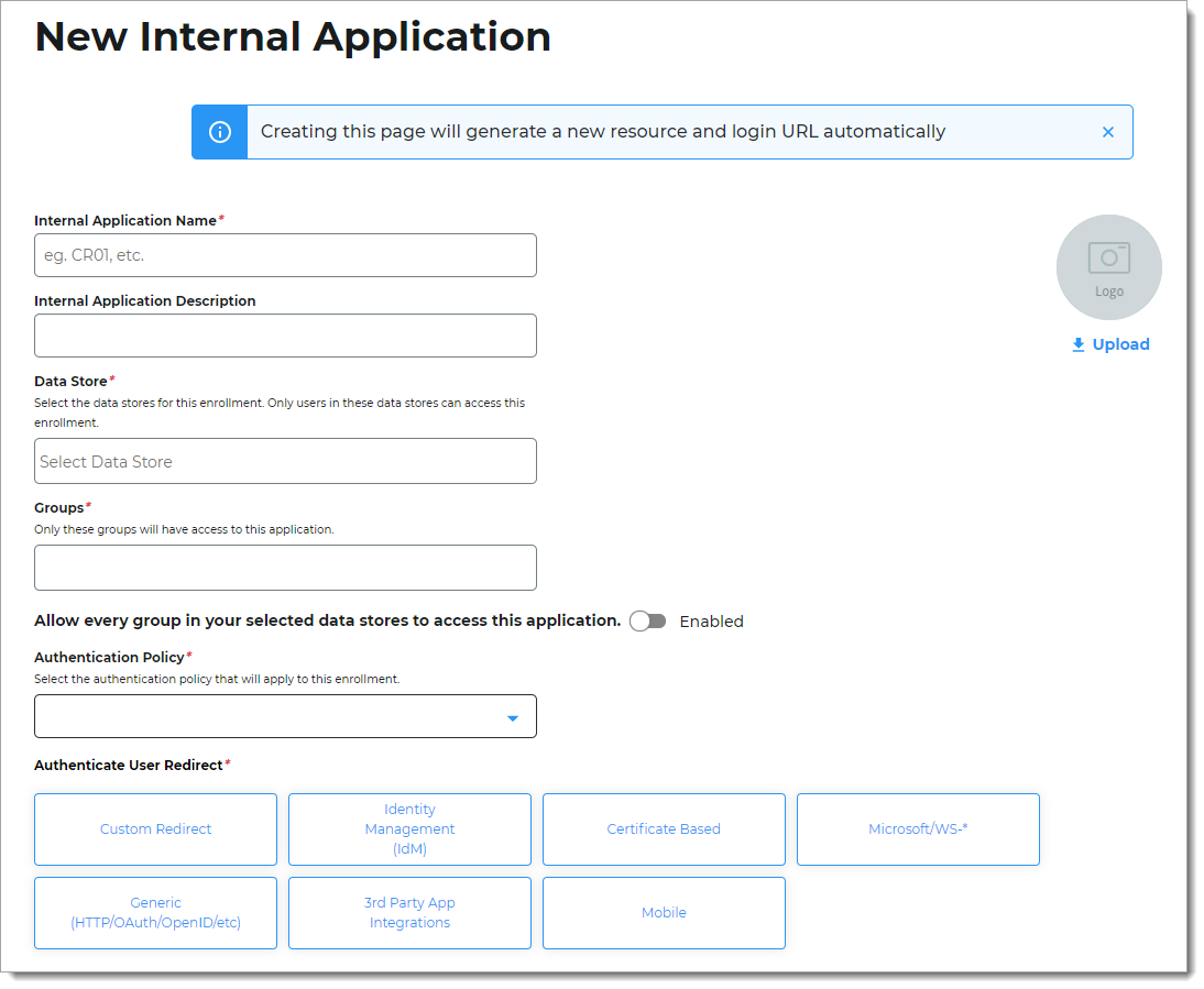 Screenshot of adding a new internal application.