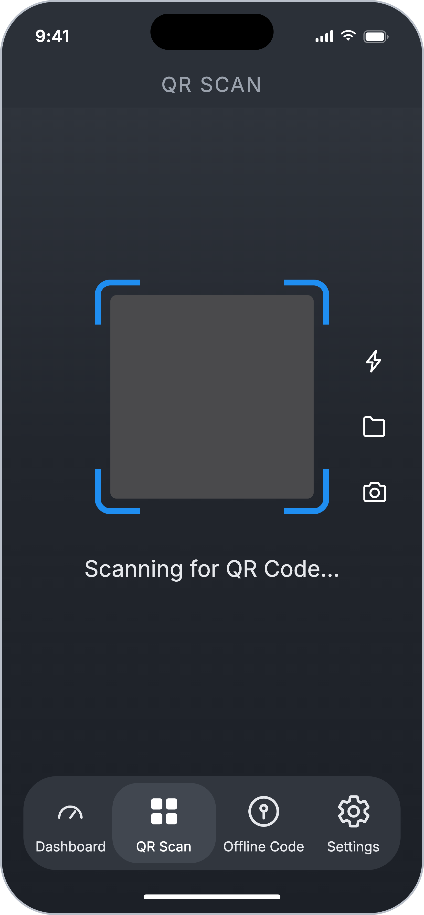 QR scanner with flash, import, and switch-camera options.