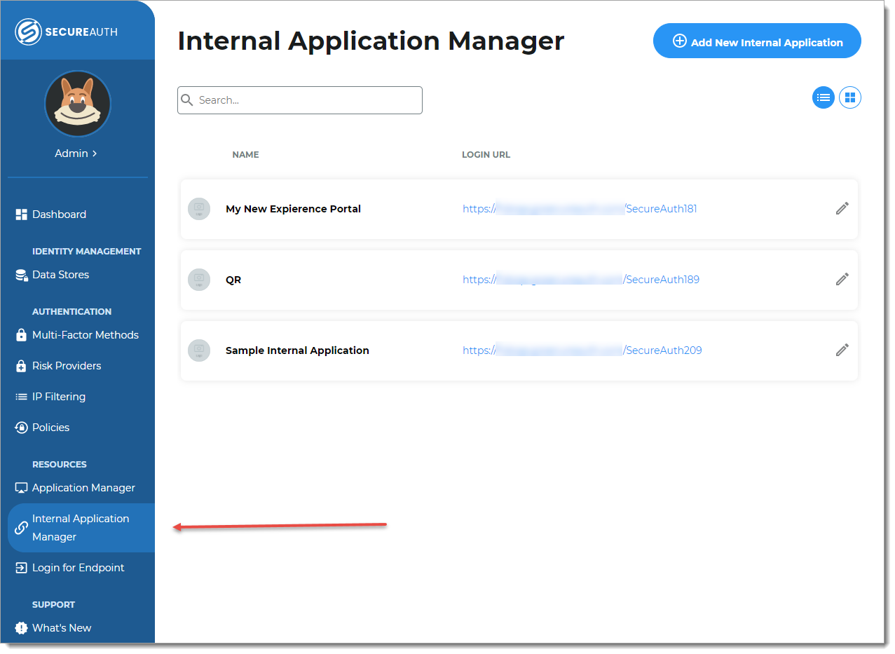 Screenshot of Internal Application Manager page.