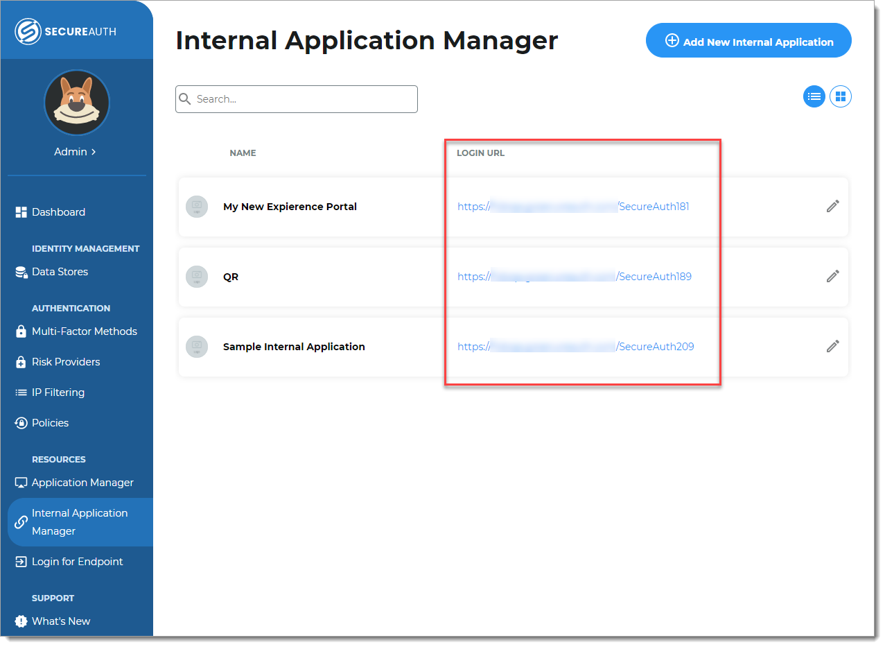 Screenshot of the Internal Application Manager page highlighting the login URLs.