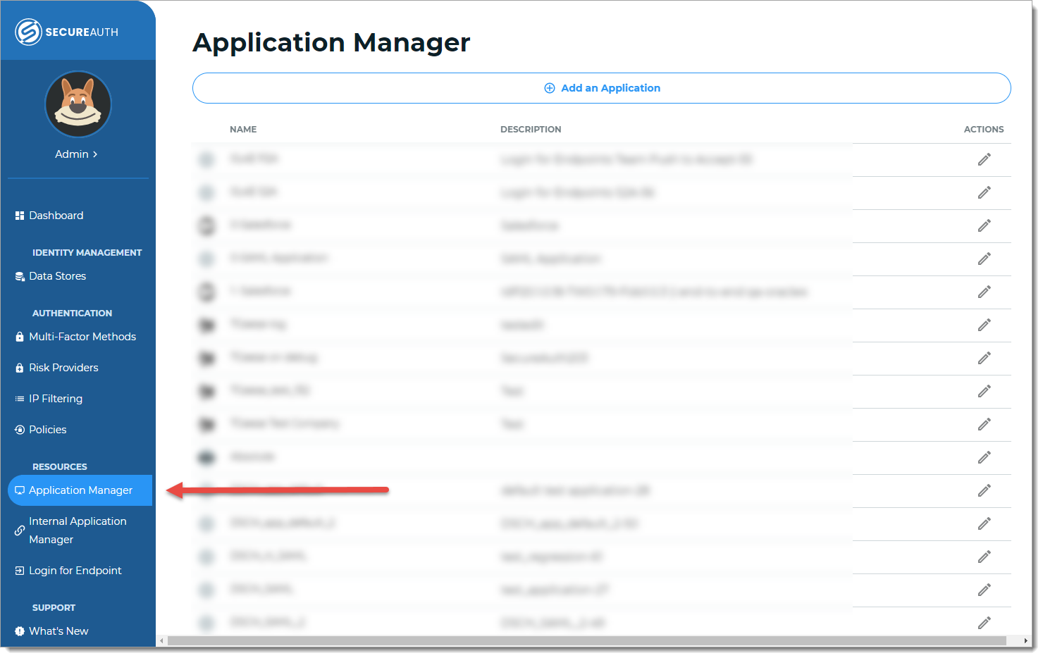 Application Manager page in the SecureAuth Identity Platform for third party application integrations