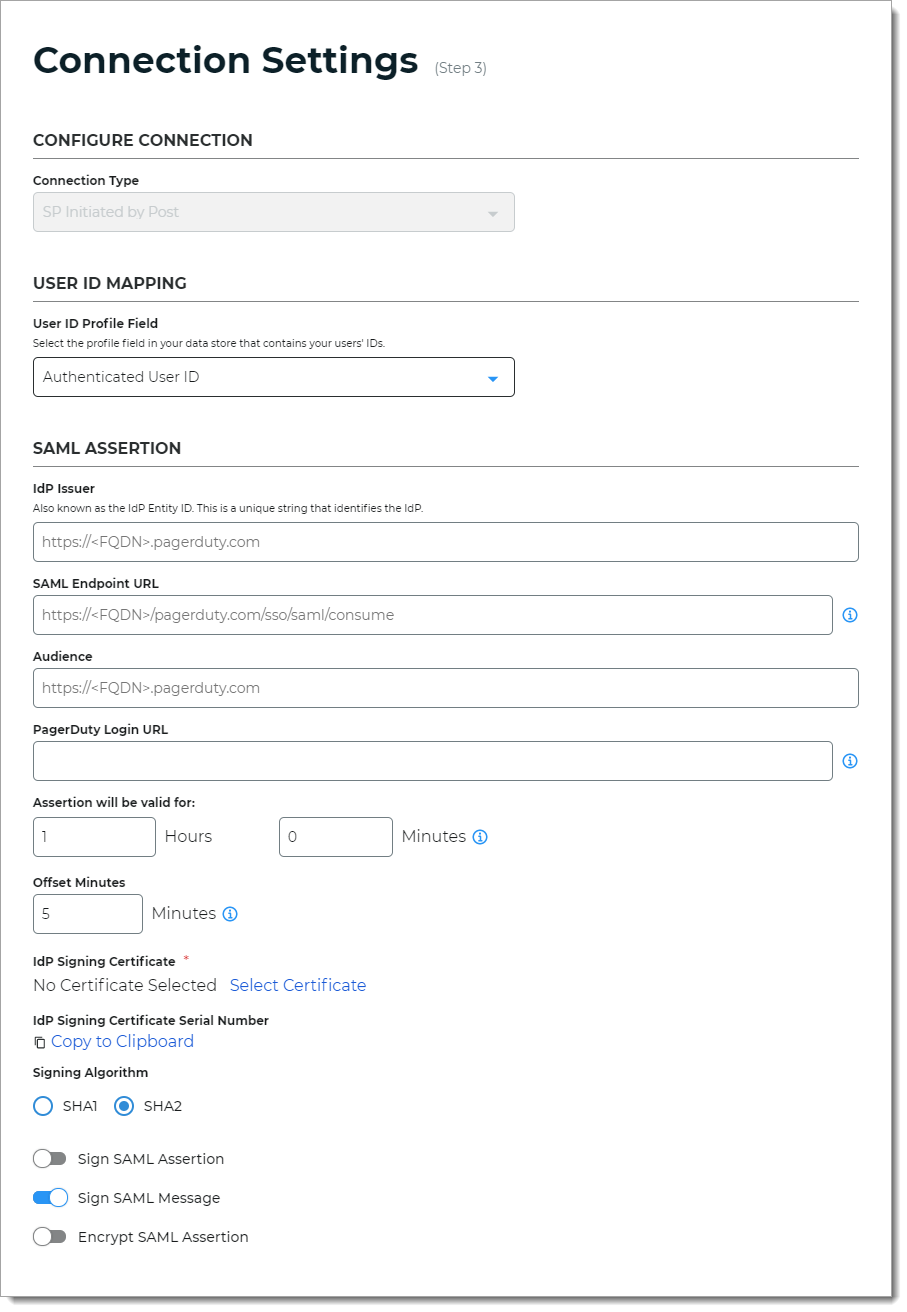 SAML connection settings for PagerDuty SP-initiated application integration in the SecureAuth Identity Platform