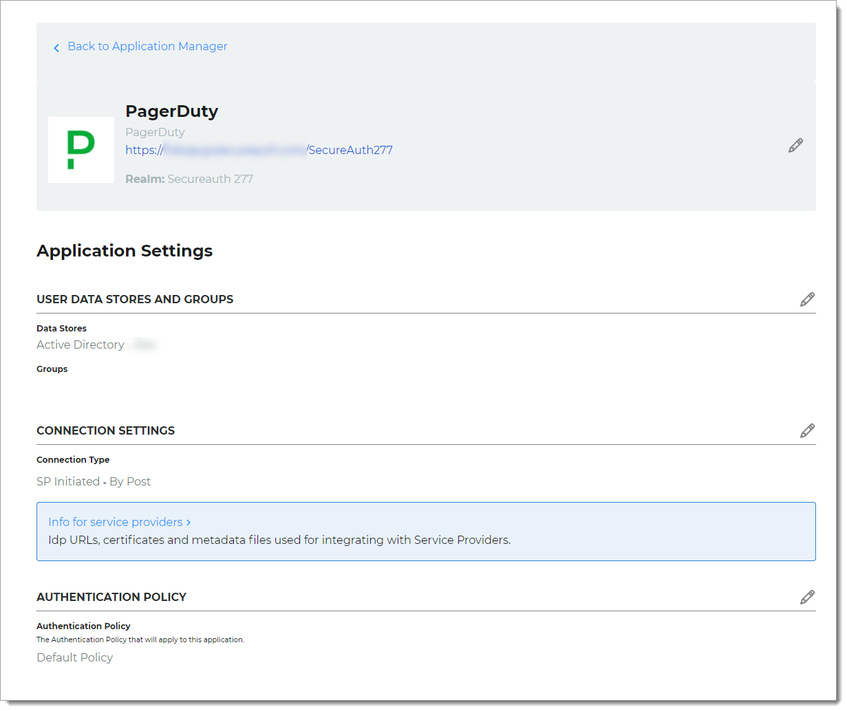 Example summary of PagerDuty third party integration settings in the SecureAuth Identity Platform