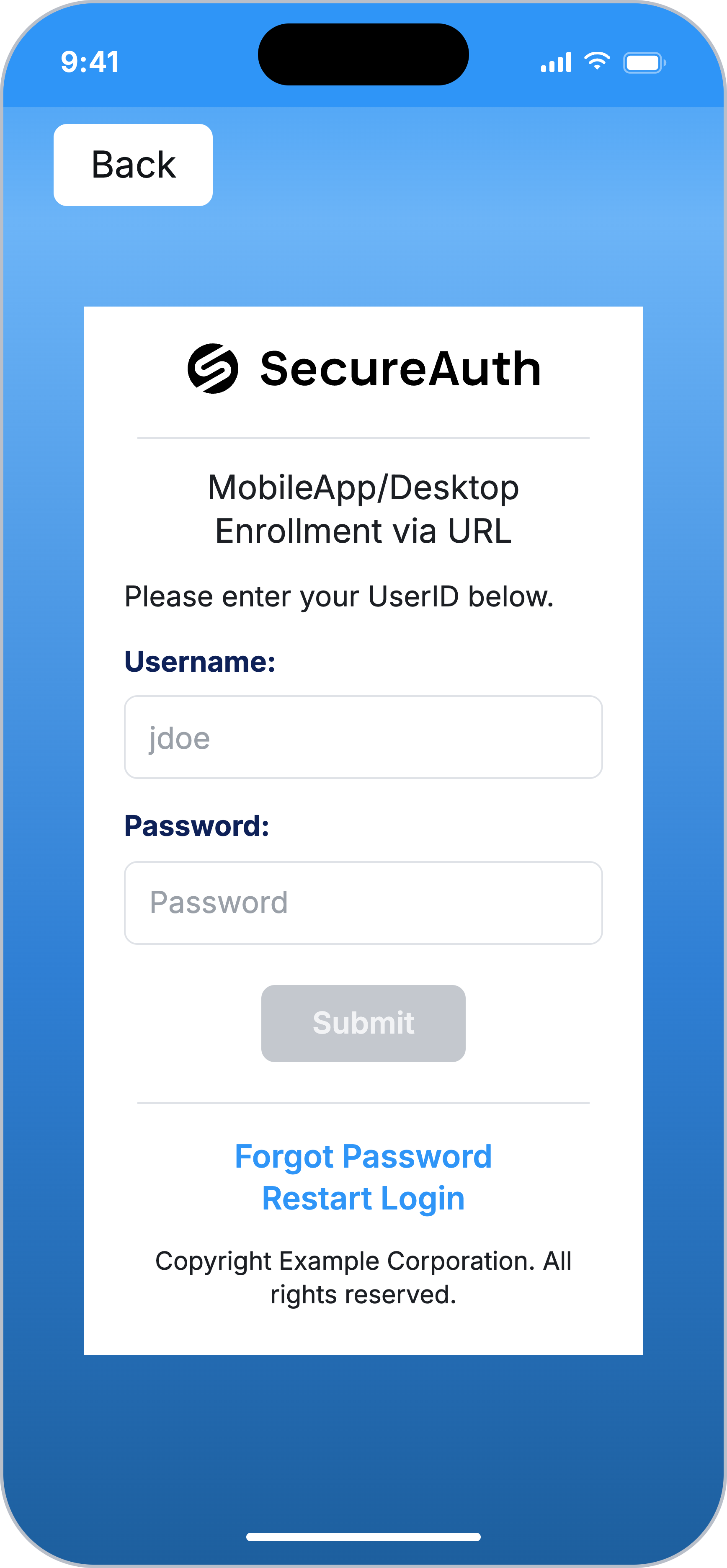 Enrollment sign-in page with username and password fields and a Submit button.
