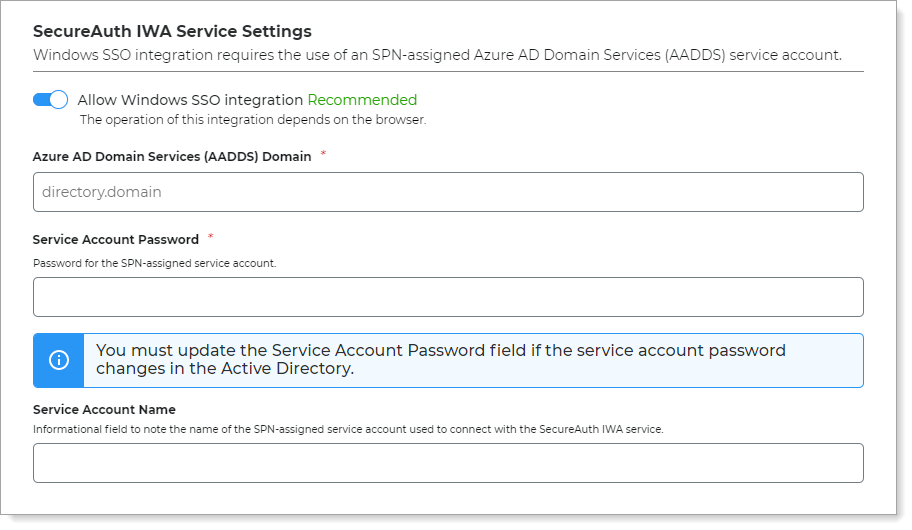 SecureAuth IWA Service Settings section