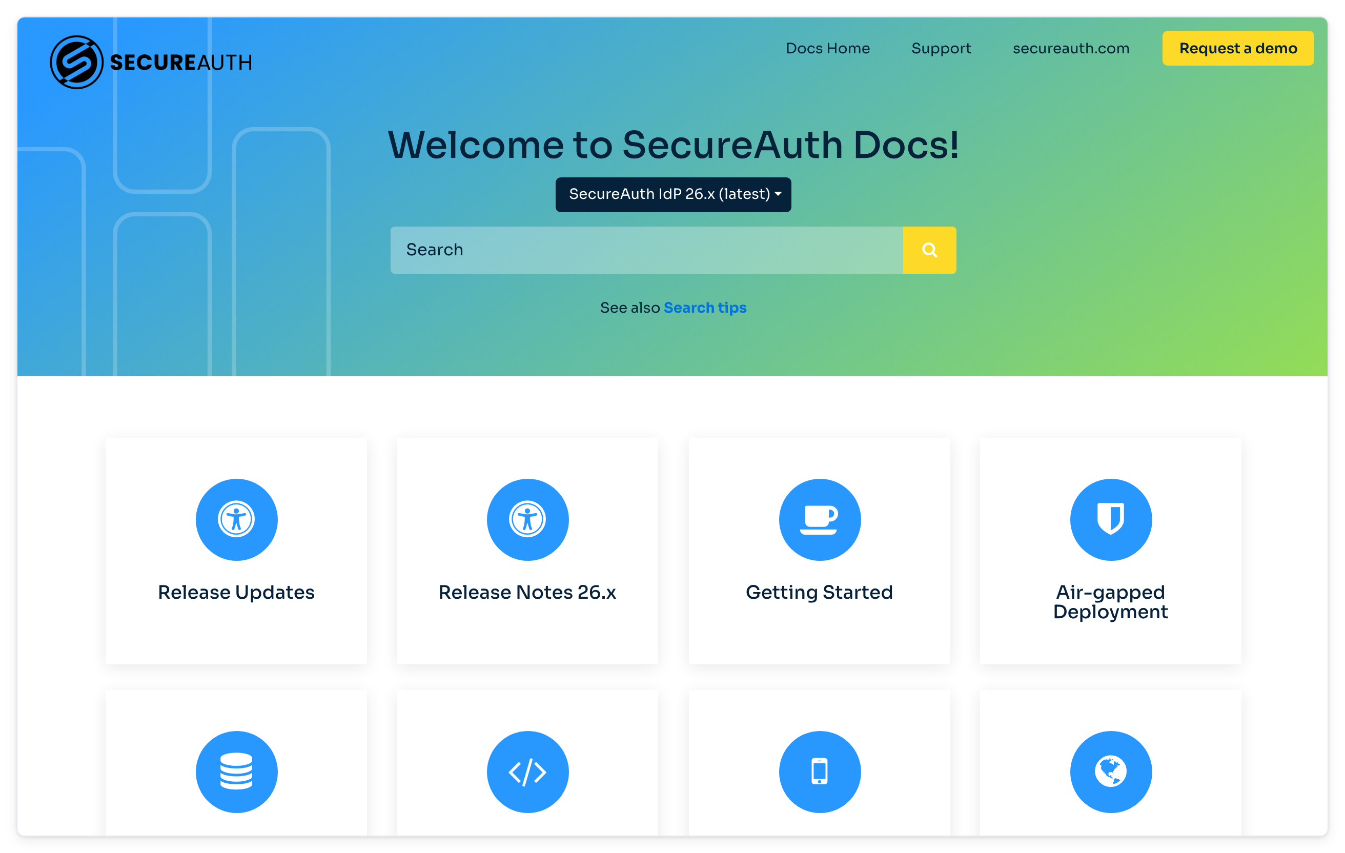SecureAuth IdP 26.x landing page with the release picker, search box, and topic categories.