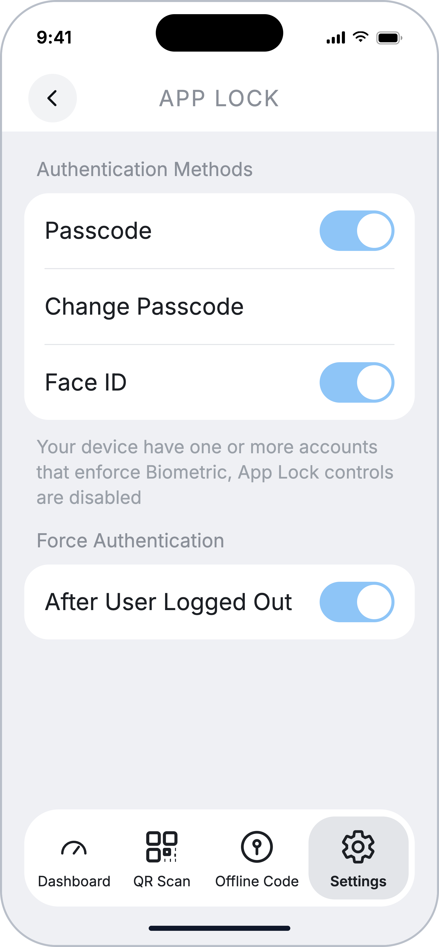 App lock setup screen