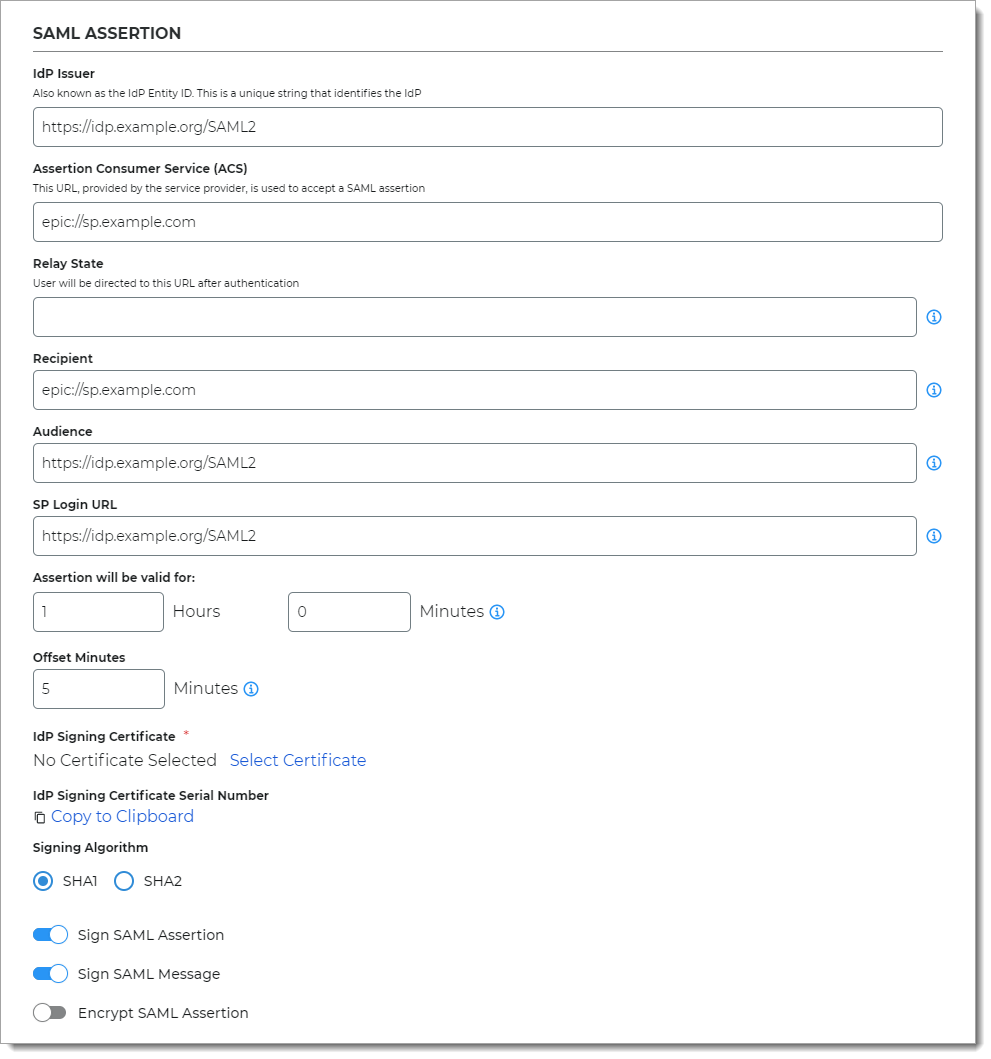 SAML configuration settings