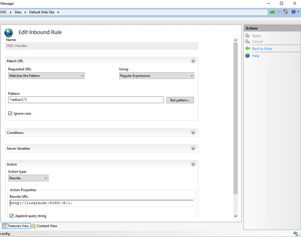 IIS inbound rule redirecting the /radius URL to the OIDC handler service