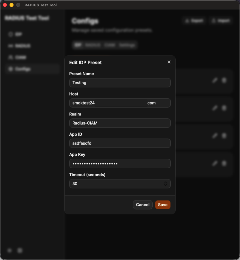 Edit IDP preset dialog