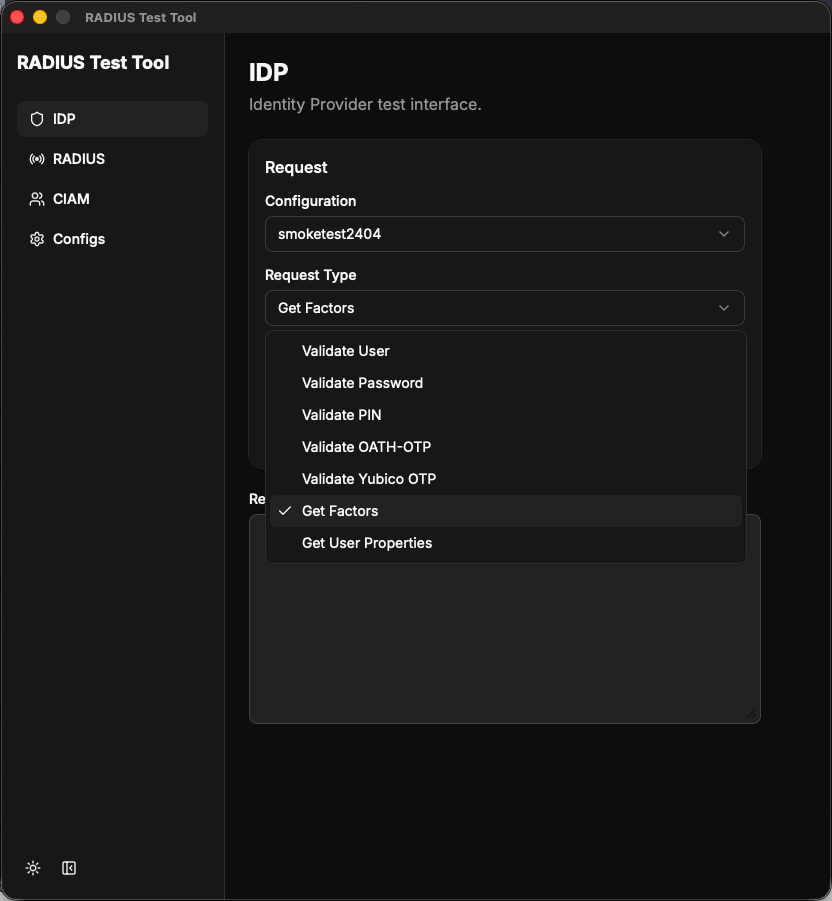 IDP page with Get Factors selected as the request type