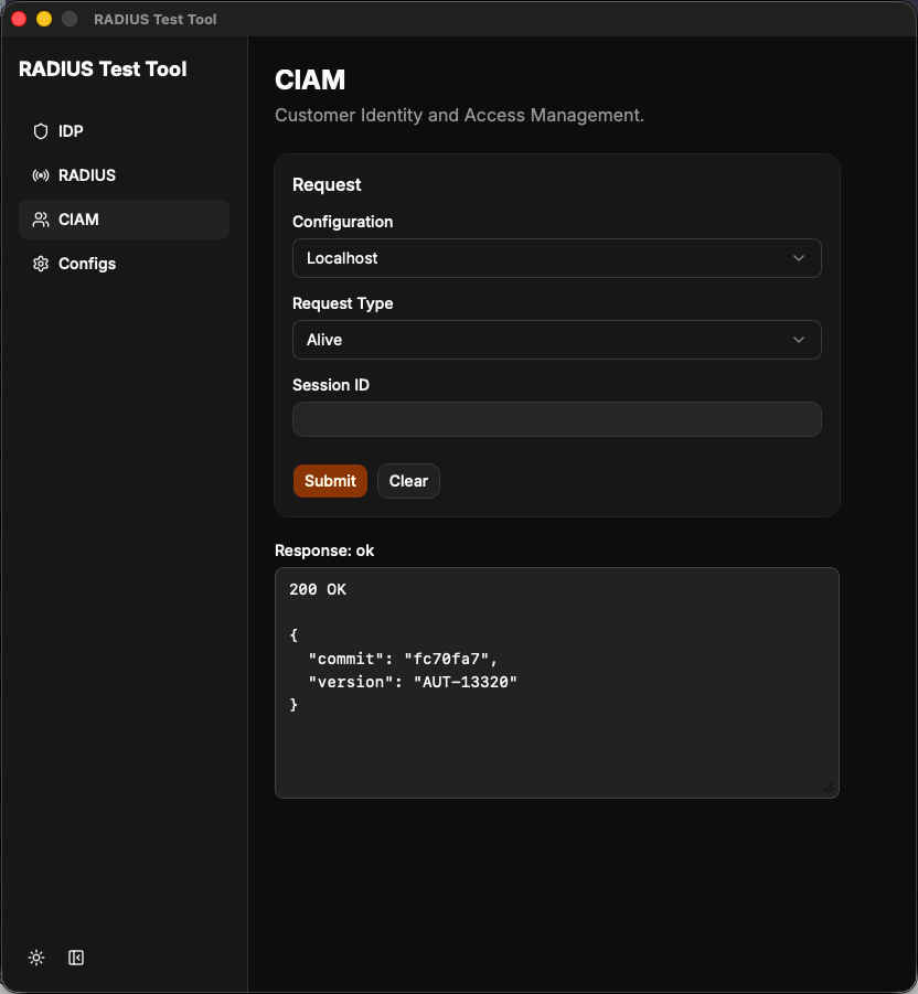 CIAM page with the Alive request type selected