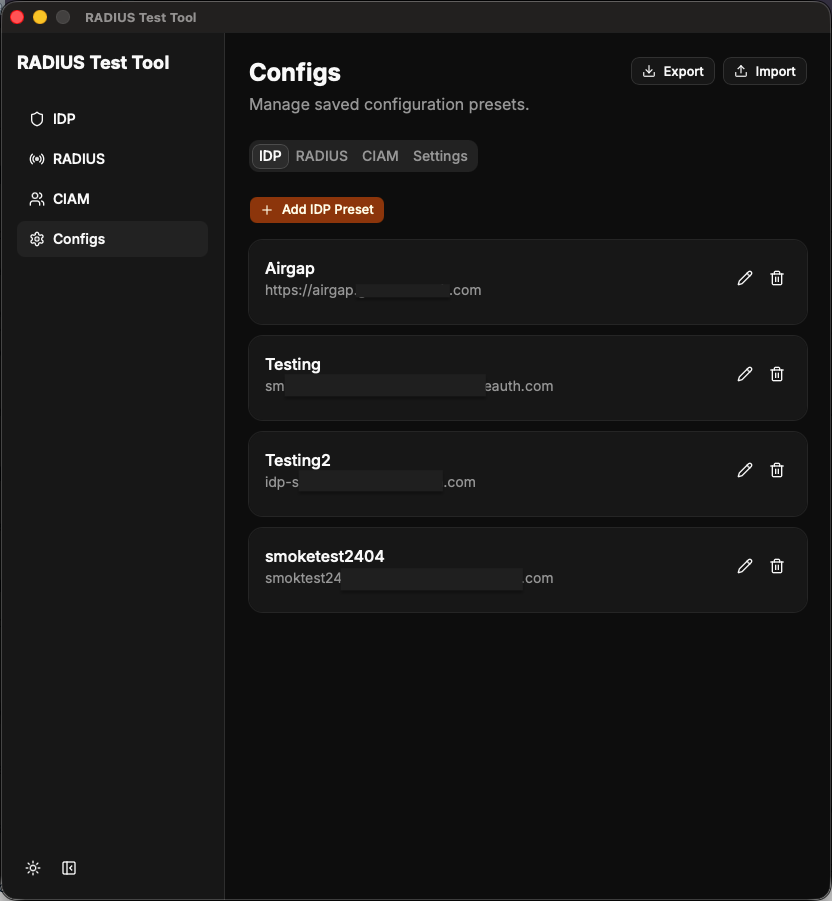 Configs page with the IDP tab selected