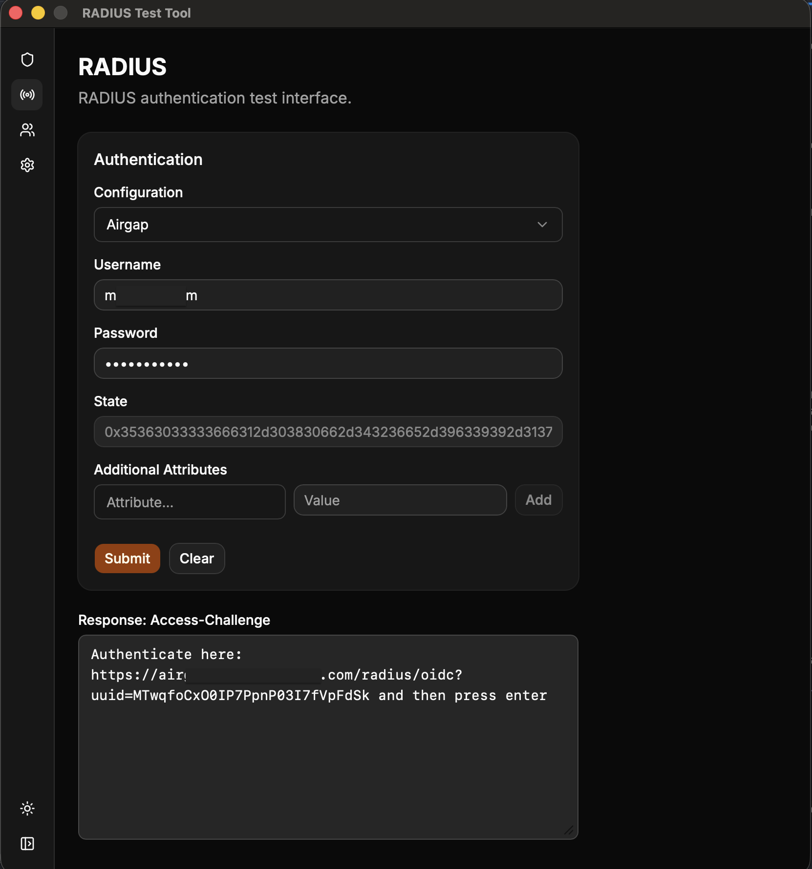 VPN client showing a challenge with an authentication link