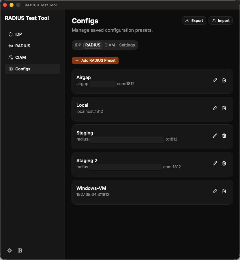 Configs page with the RADIUS tab selected