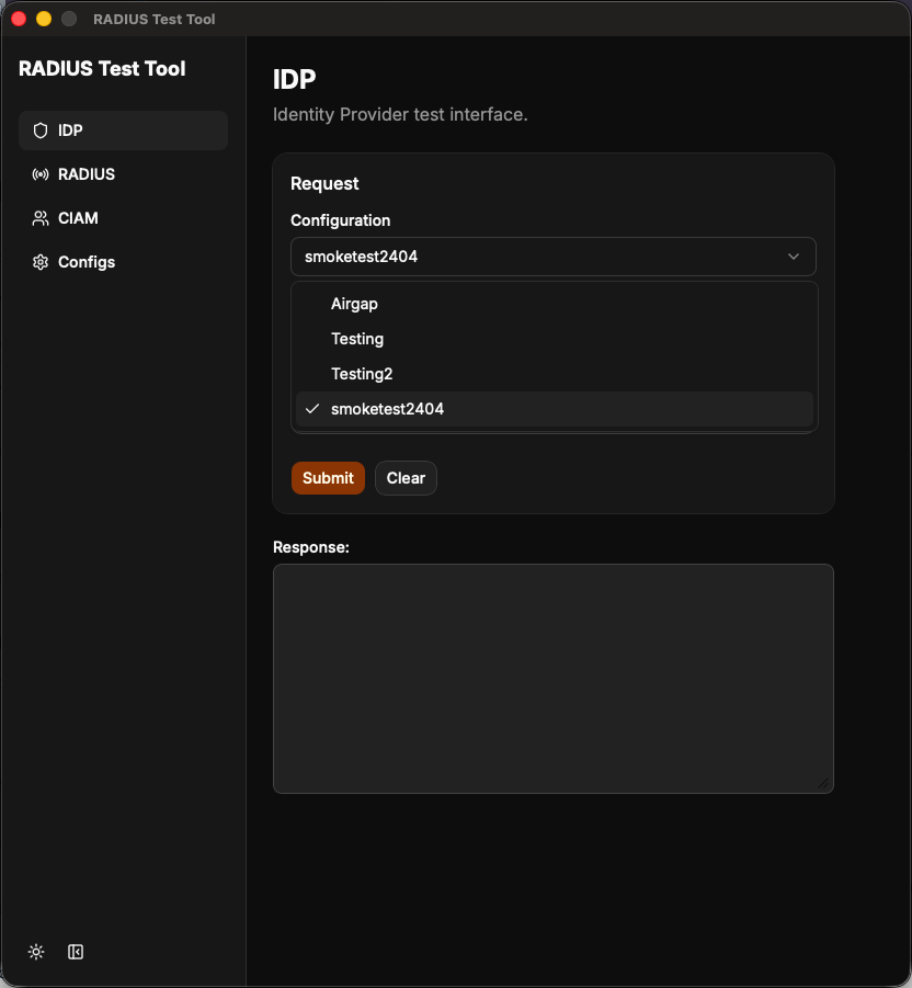 IDP page with a preset selected from the Configuration list