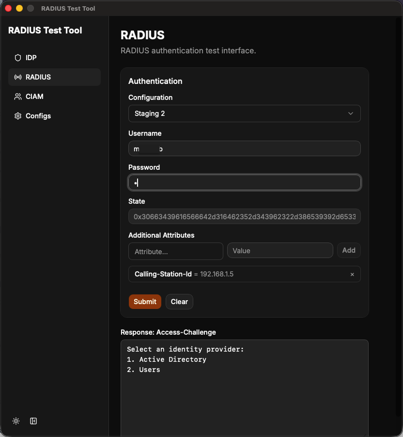 RADIUS page with a sample request and attributes