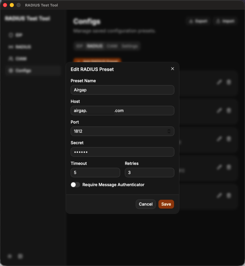 Edit RADIUS preset dialog