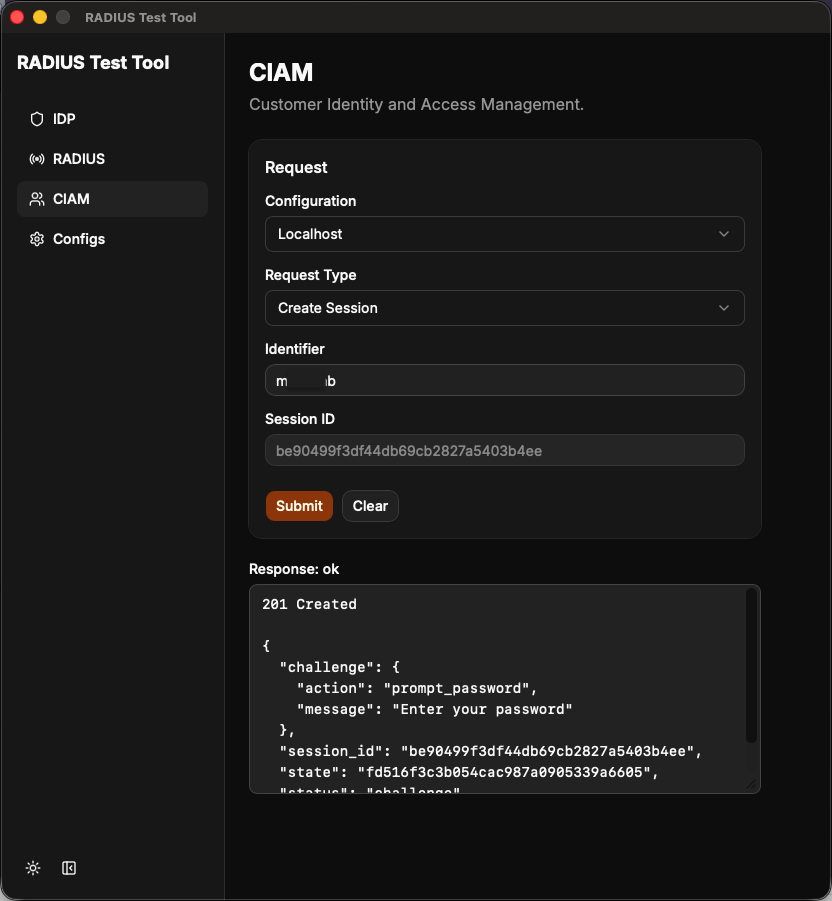 CIAM page with the Create Session request type selected