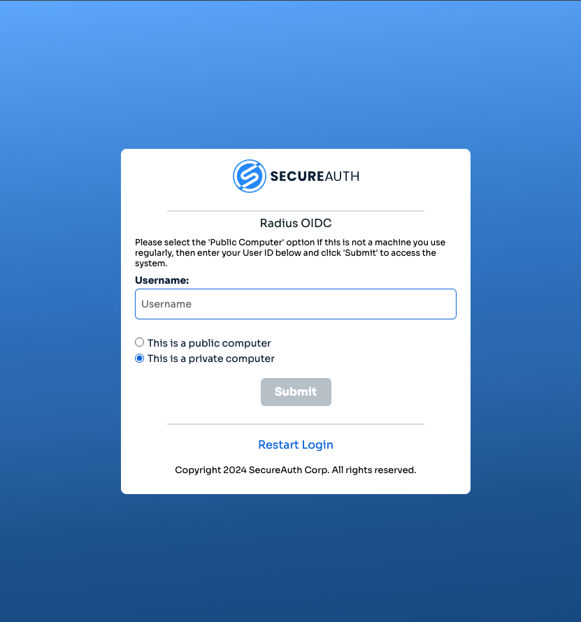 OIDC authentication page in the browser