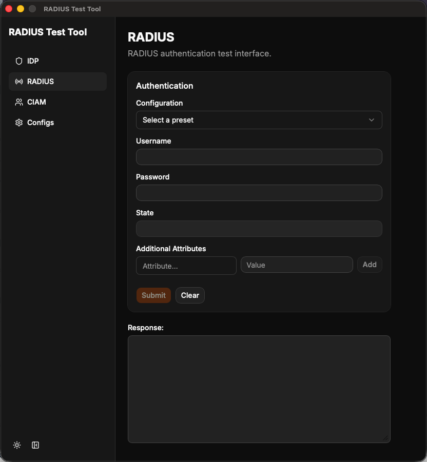RADIUS page with a preset selected from the Configuration list
