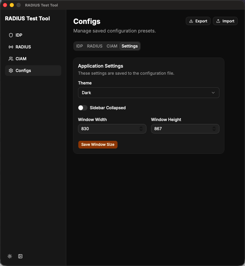 Configs page with the Settings tab selected