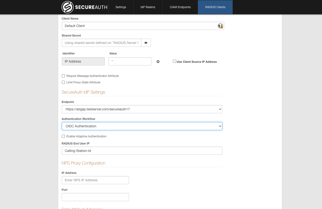 RADIUS client edit page with Endpoint and OIDC Authentication selected