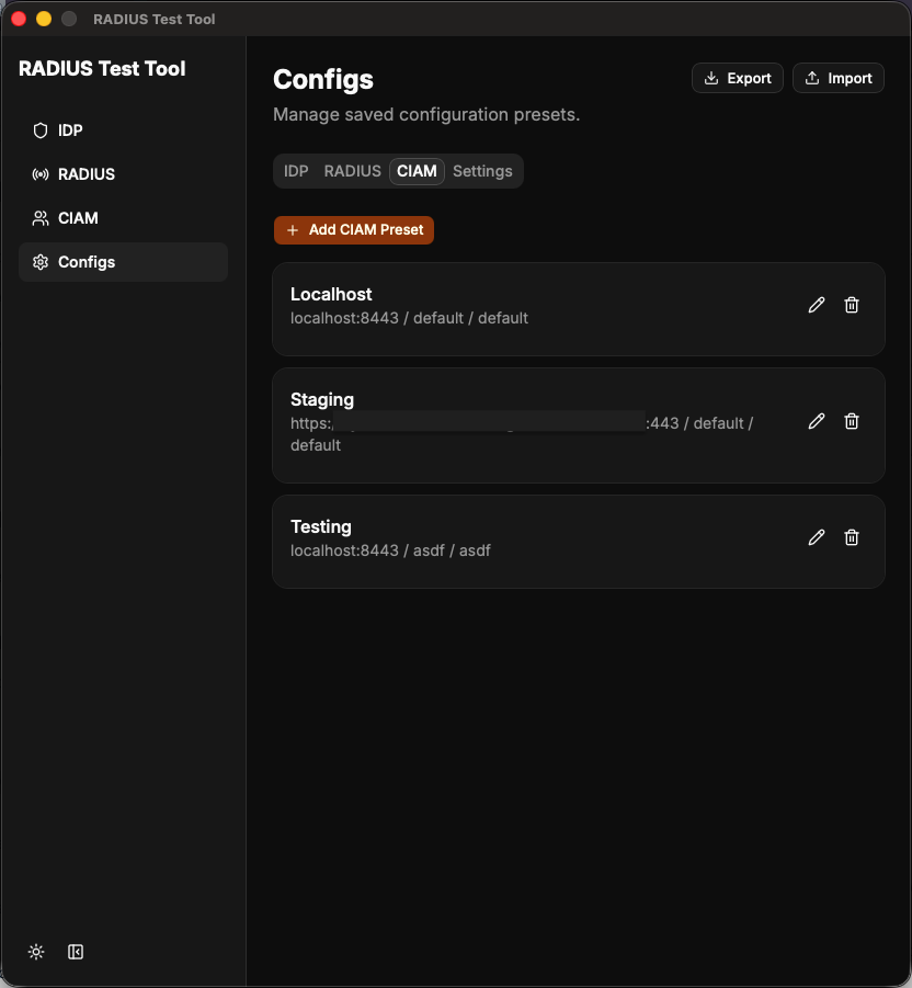 Configs page with the CIAM tab selected