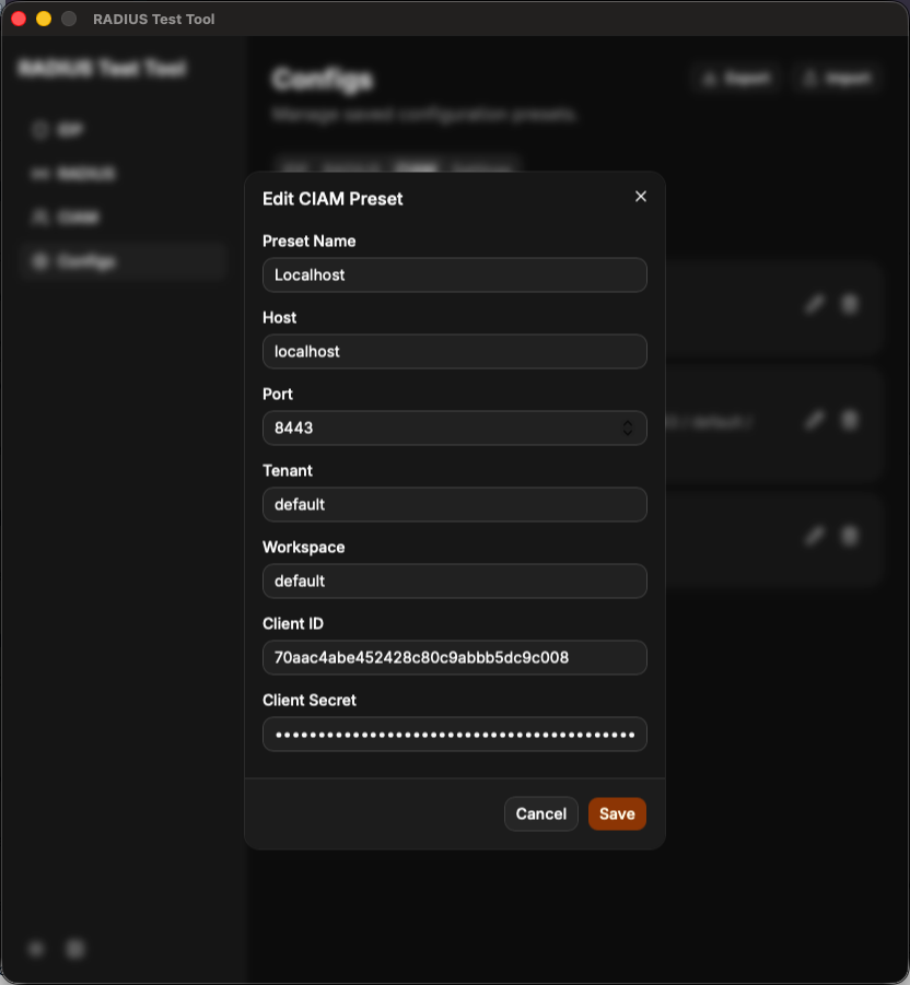Edit CIAM preset dialog