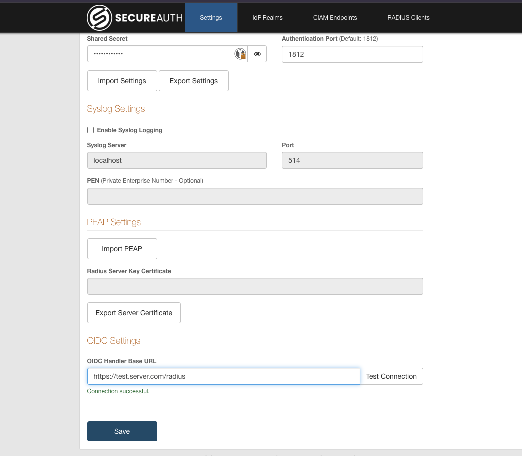 OIDC Settings page with the handler URL and Test Connection button