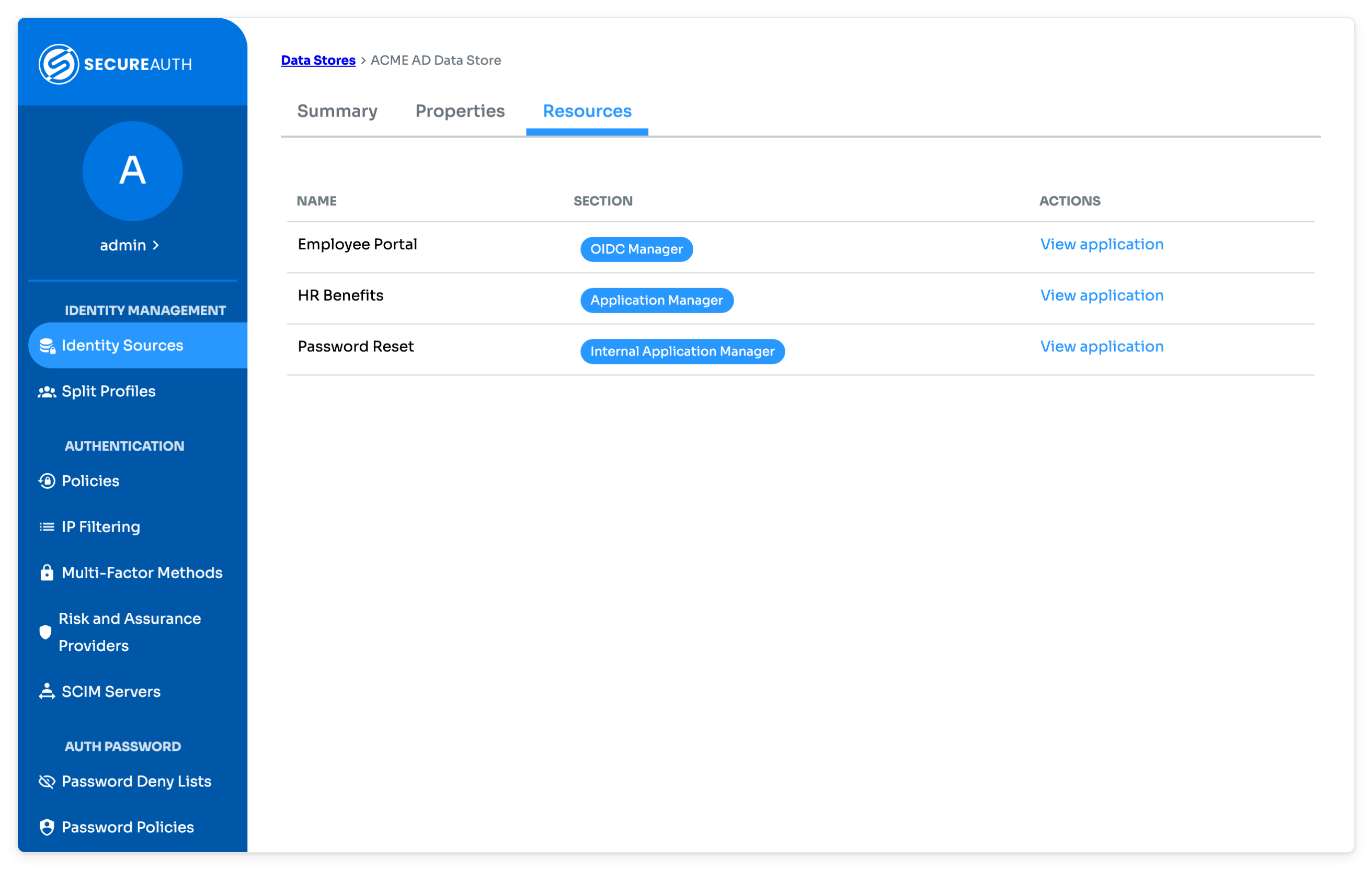 Data store page open on the Resources tab, listing the applications that use the data store, each with a View application link.