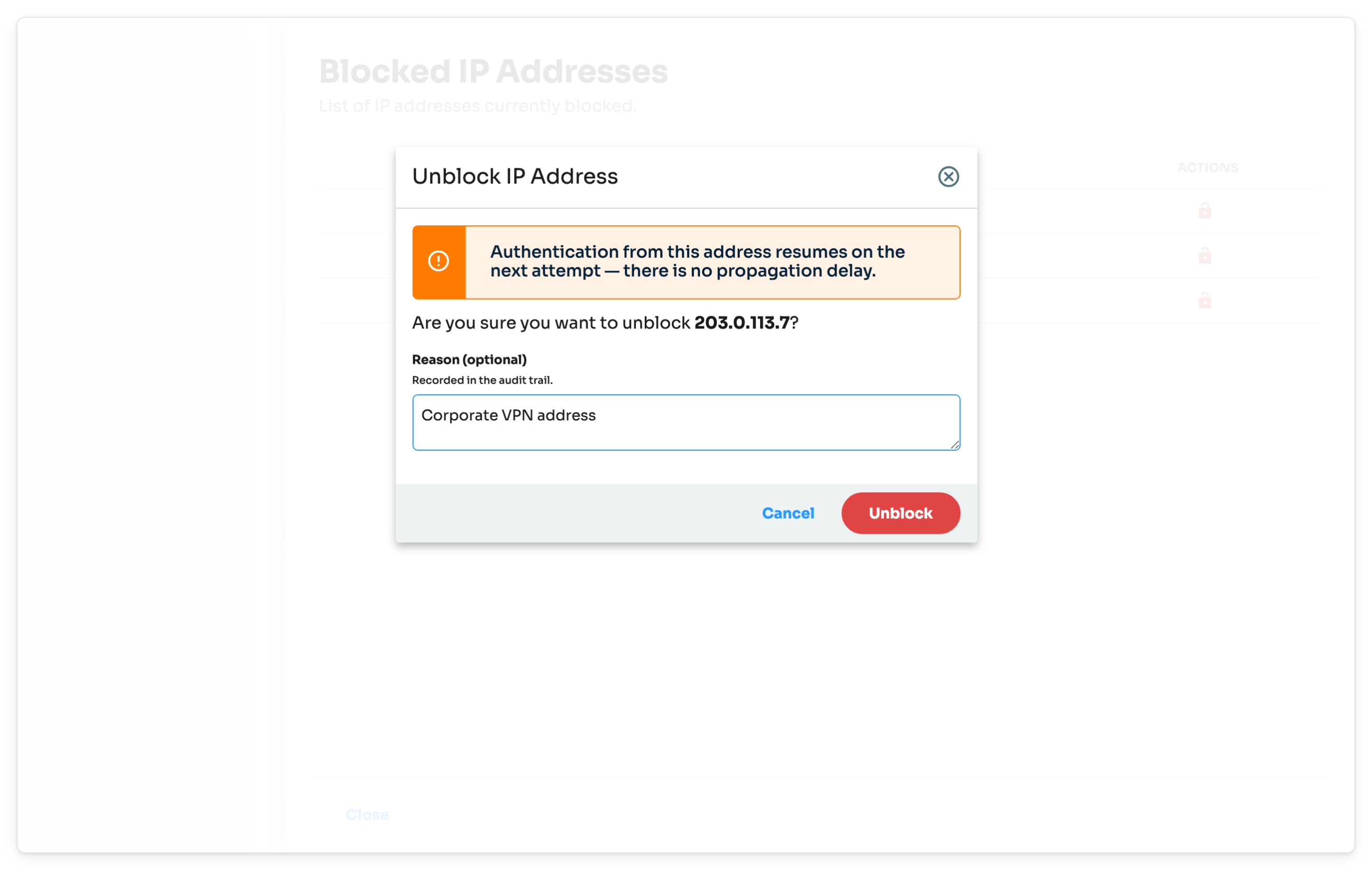 Unblock IP Address dialog with an optional reason entered.
