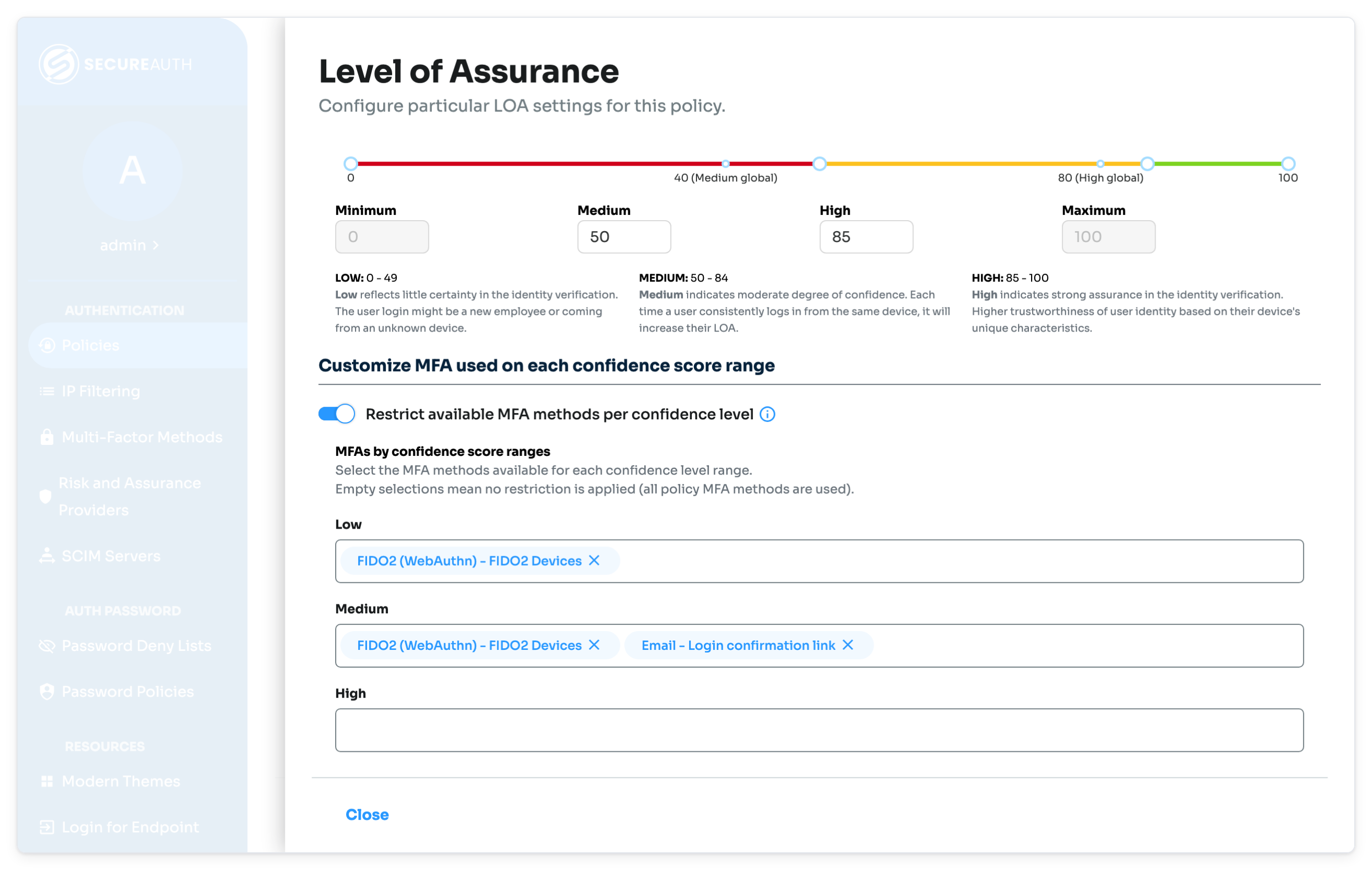 Level of Assurance settings restricting MFA methods for Low and Medium confidence levels.