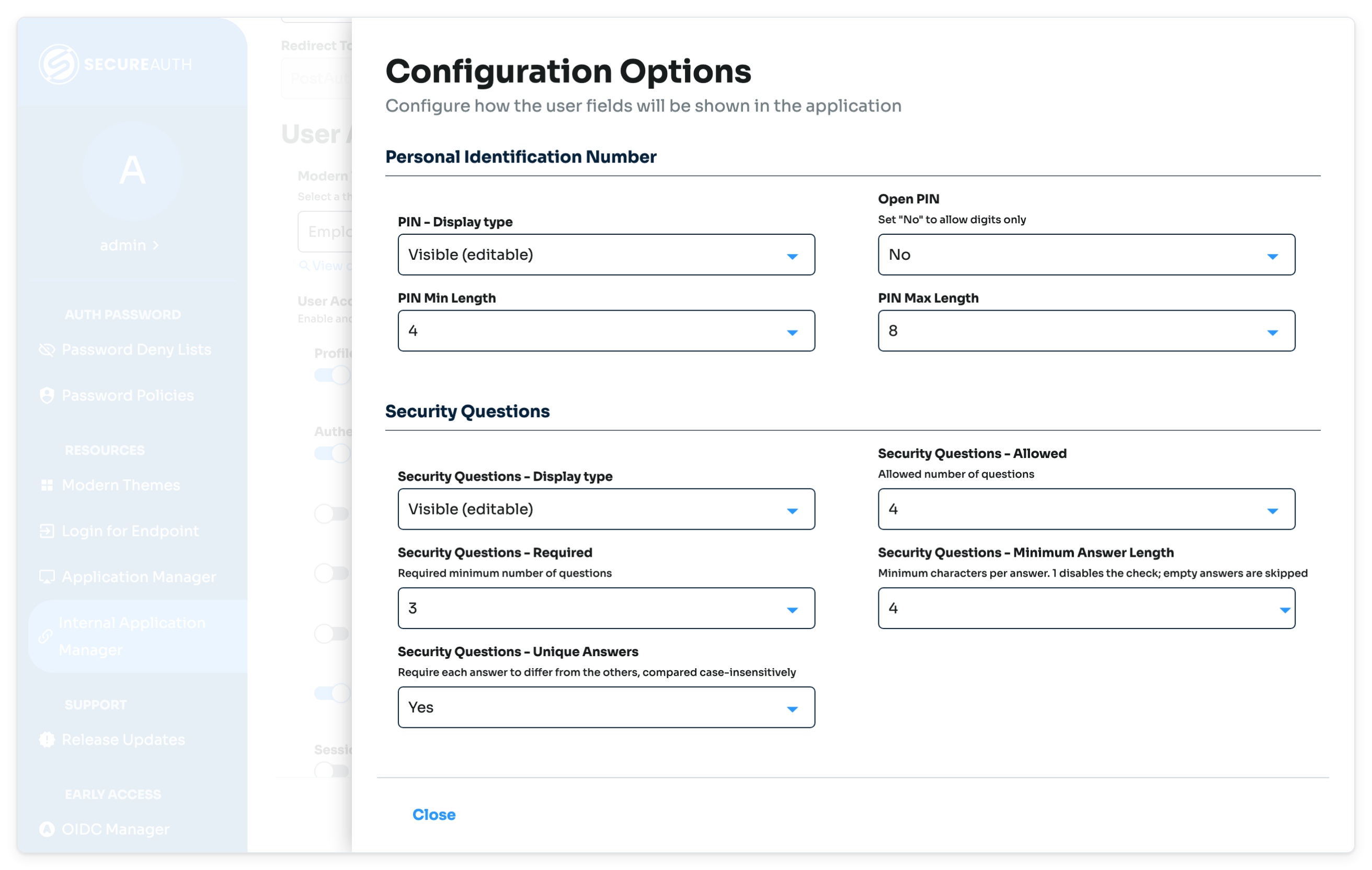 Configuration Options drawer showing the Personal Identification Number settings.