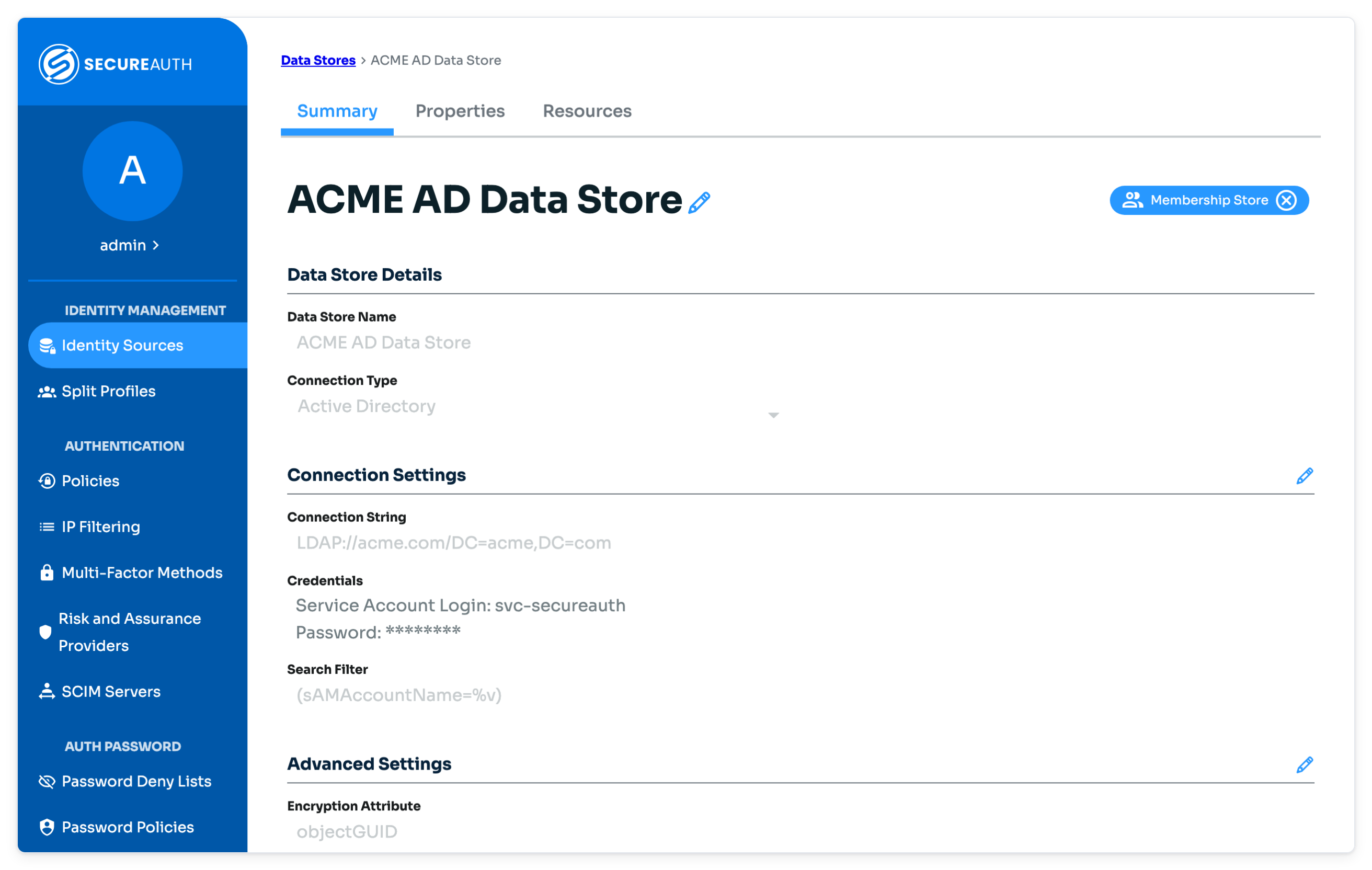 Data store page open on the Summary tab, showing data store details, connection settings, and advanced settings.
