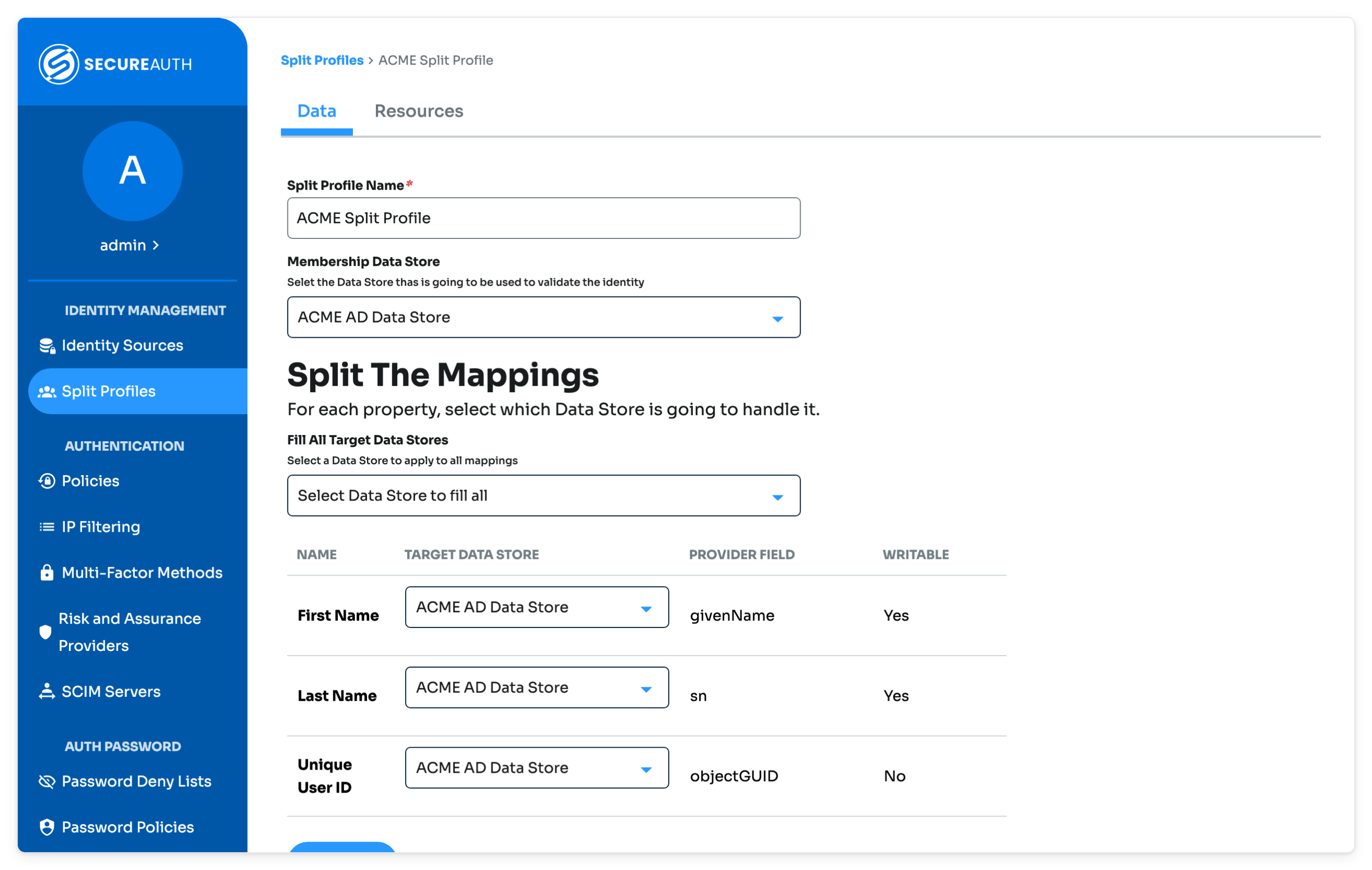 Split Profile edit page open on the Data tab, showing the name, membership data store, and property mappings.