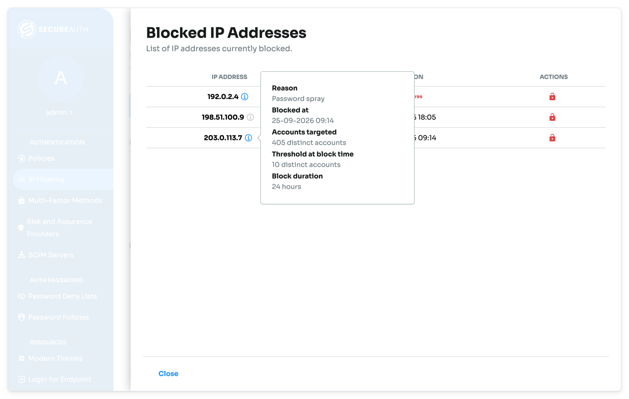 Block details for one IP address: reason, block time, accounts targeted, threshold, and duration.