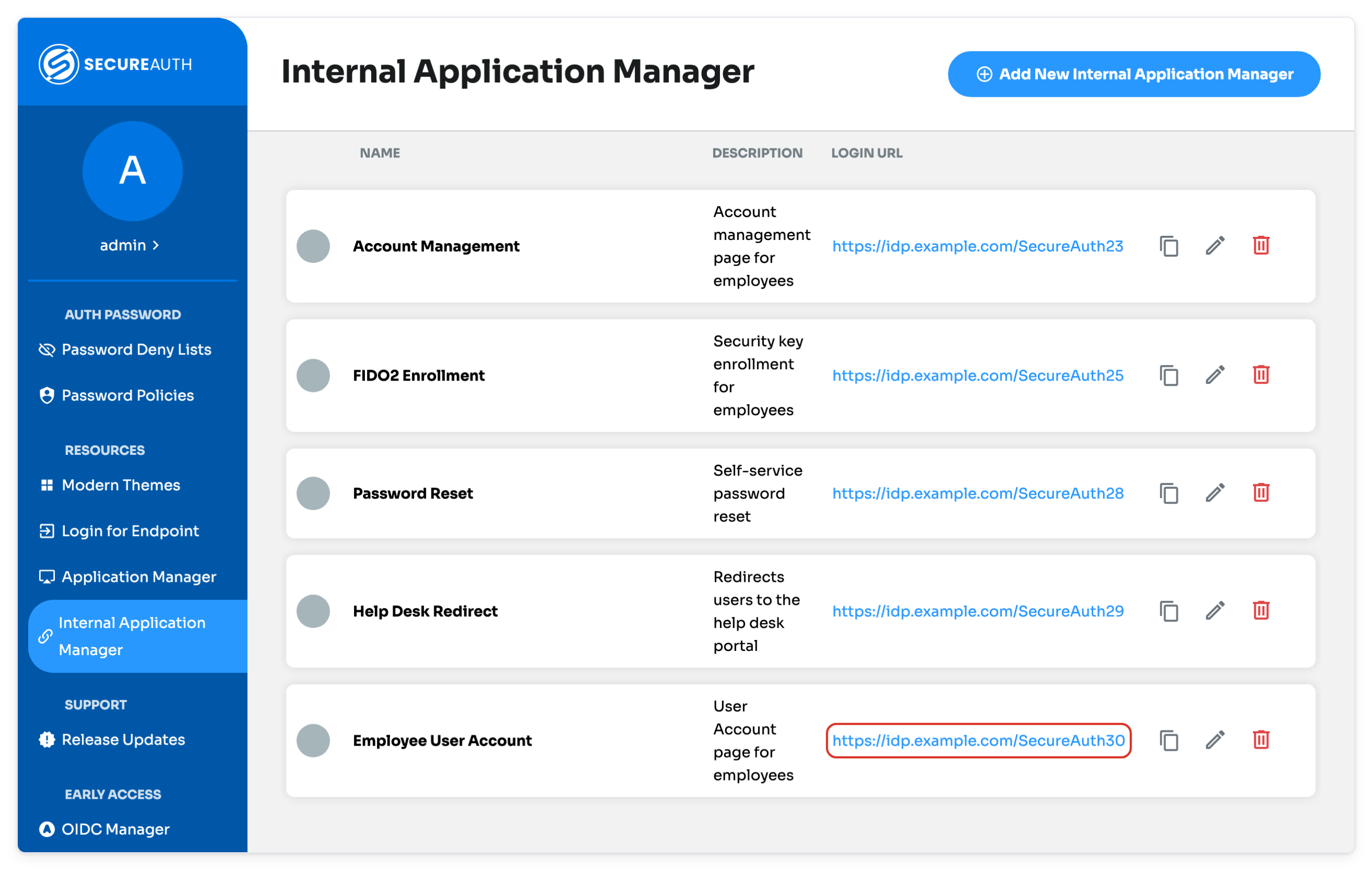 Internal Application Manager list with the User Account page login URL highlighted.