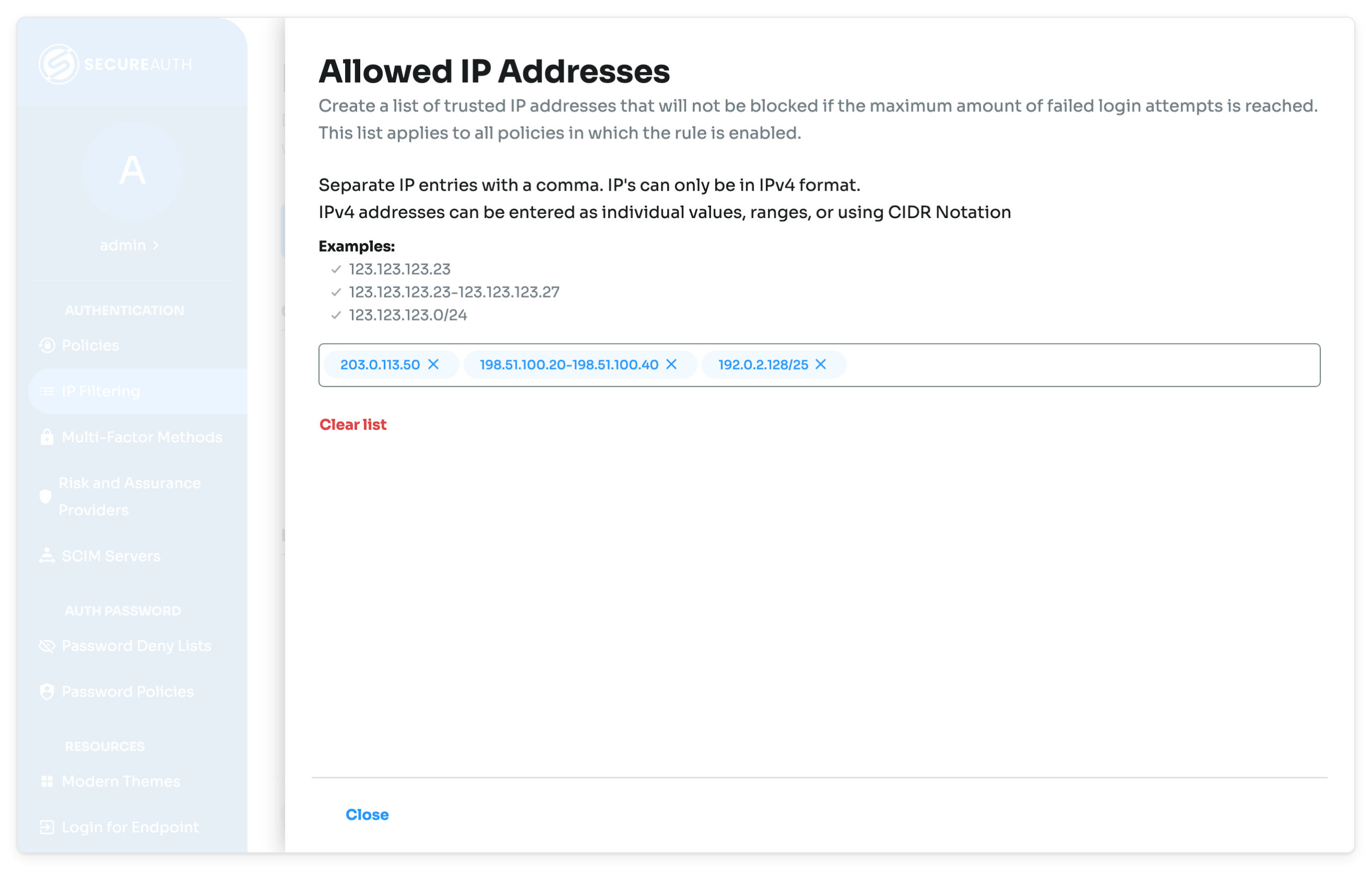 Allowed IP Addresses drawer with a single address, a range, and a CIDR entry.
