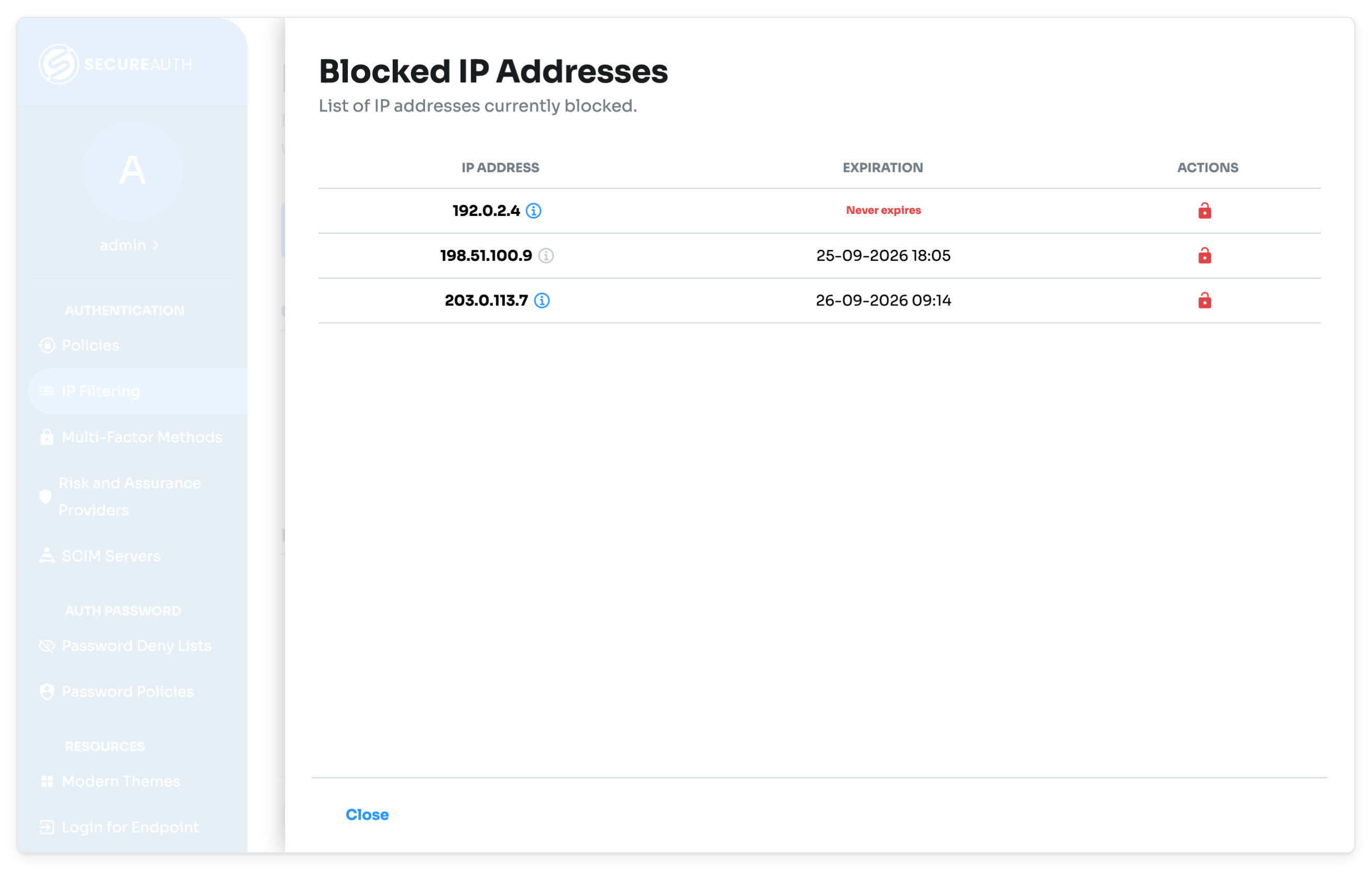 Blocked IP Addresses drawer listing blocked addresses, their expiration, and the unblock icon.