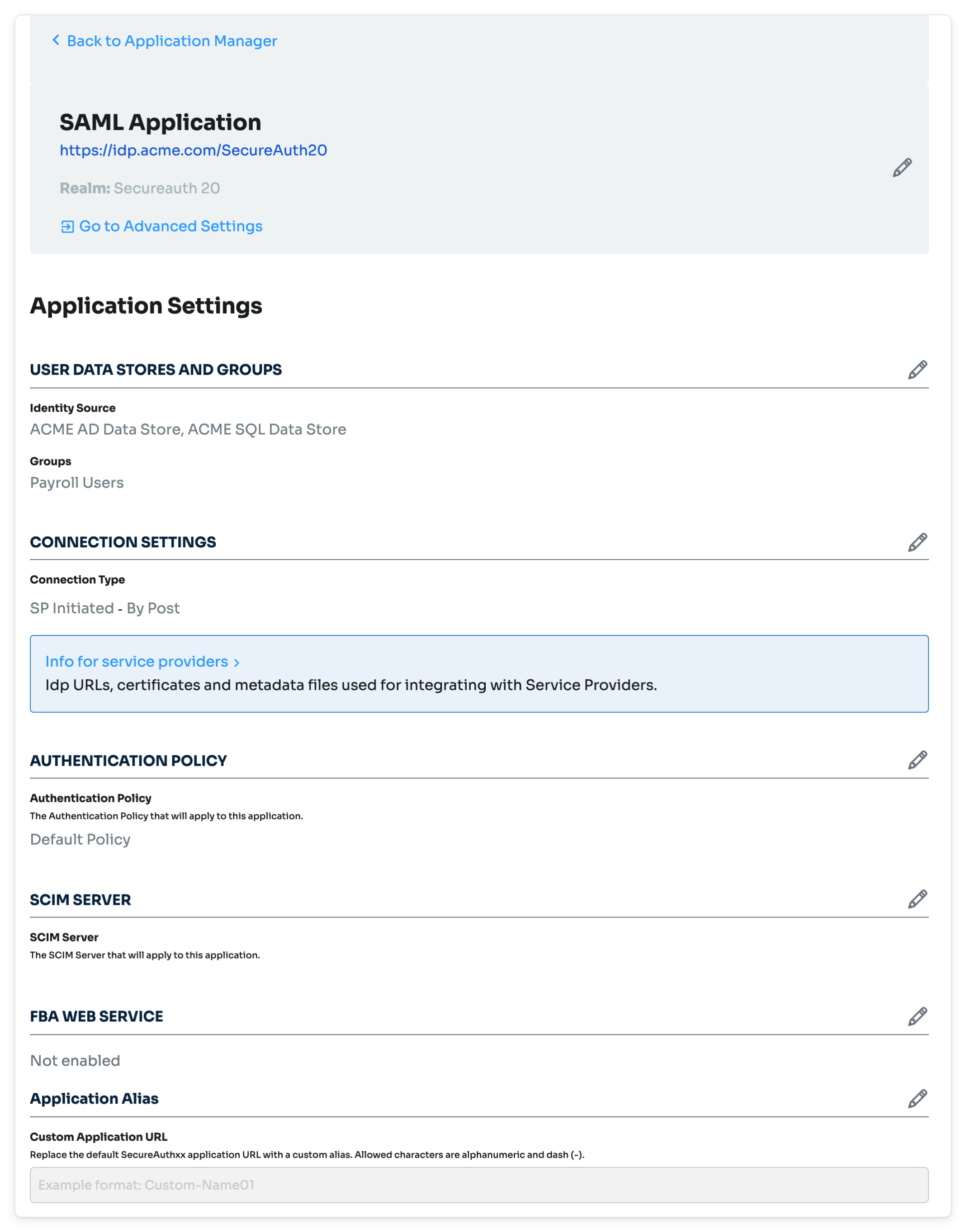 Application summary page for a new SAML application.
