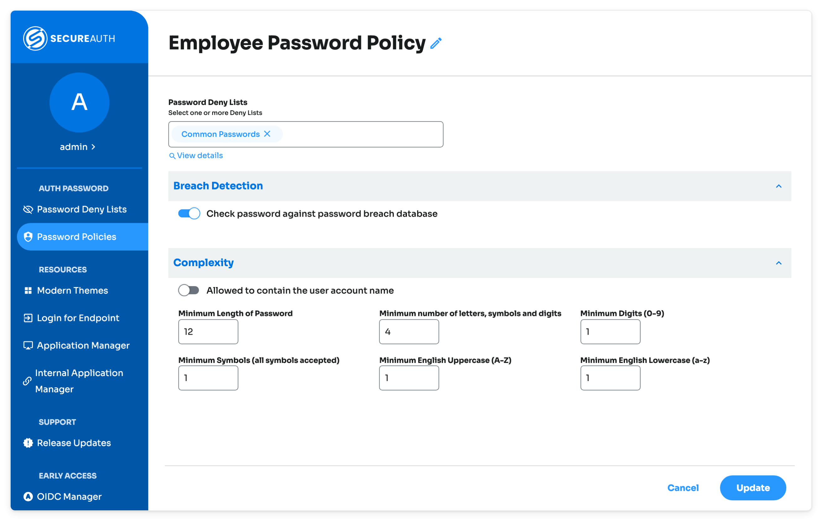 Password edit policy page in the Identity Platform