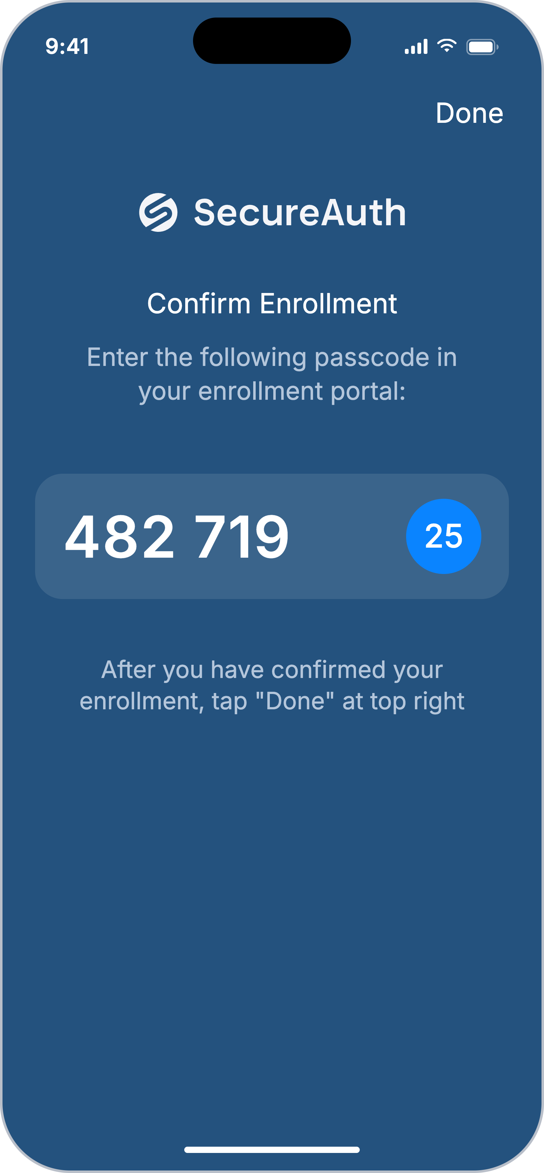 Verification code with countdown timer shown in grouped digits.