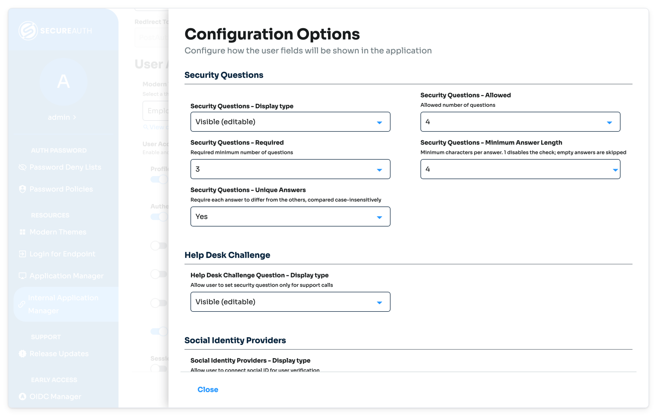 Configuration Options drawer showing the Security Questions settings, including minimum answer length and unique answers.