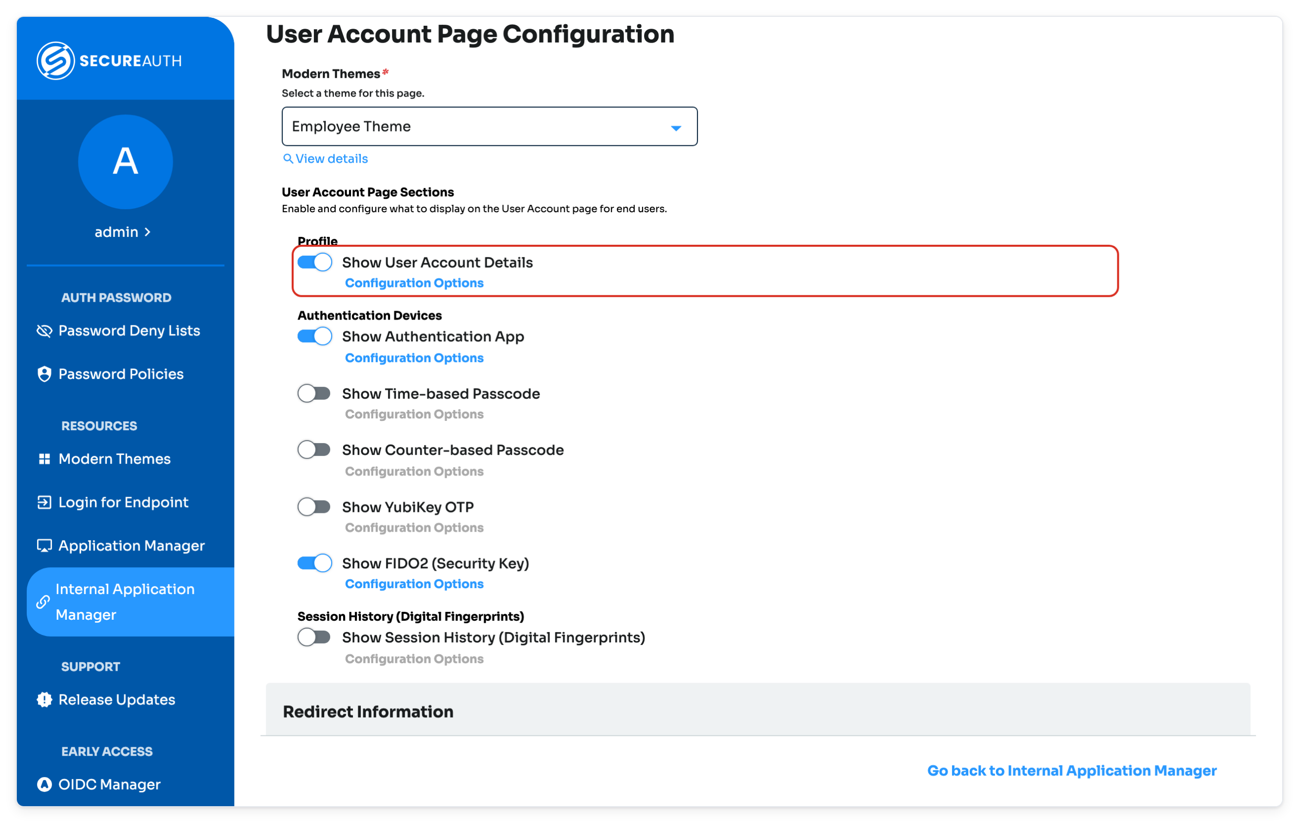 User Account Page Configuration section with Show User Account Details highlighted.